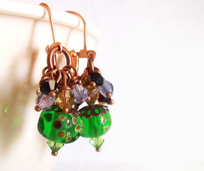 Green Glass Dangle Earrings, Green Beaded Earrings with Blue, Yellow, Ruby, and Black Swarovski Crystals, Birthday Gift, Graduation