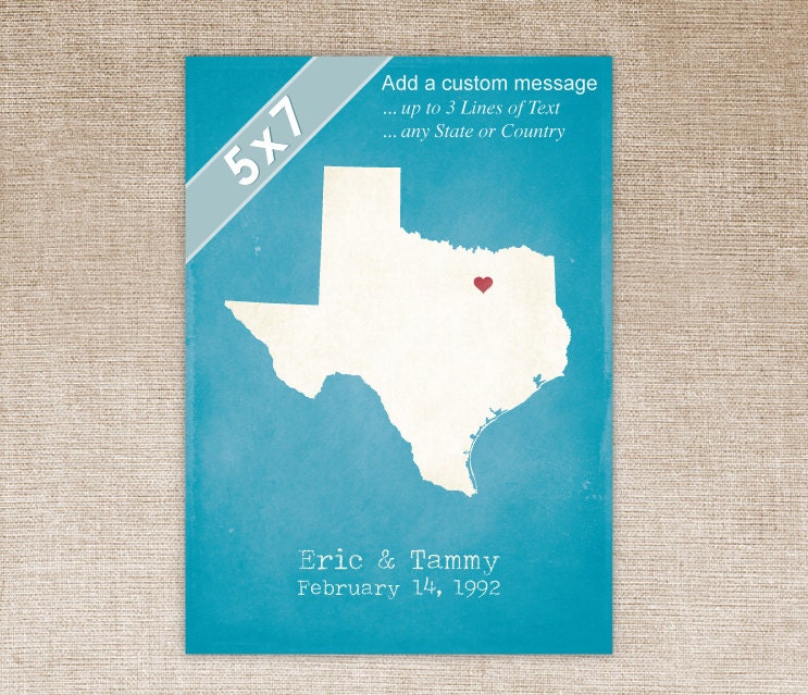 Custom Message 5x7 State Art Print, State Map, Country Map, Heart, Silhouette, Aged-Look Print