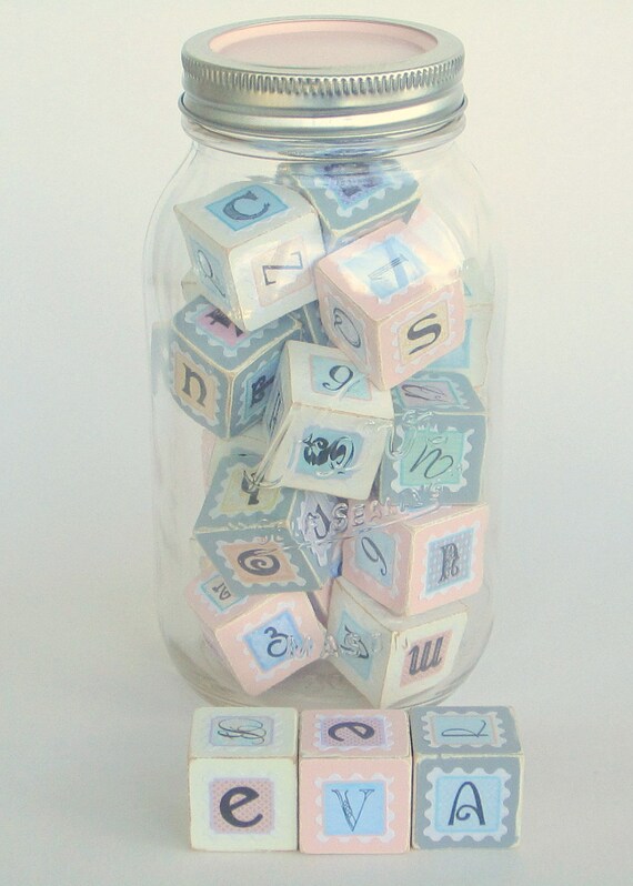 26 Letter Number Blocks Pink Grey White in Mason Jar Distressed Shabby Chic Nursery Decor