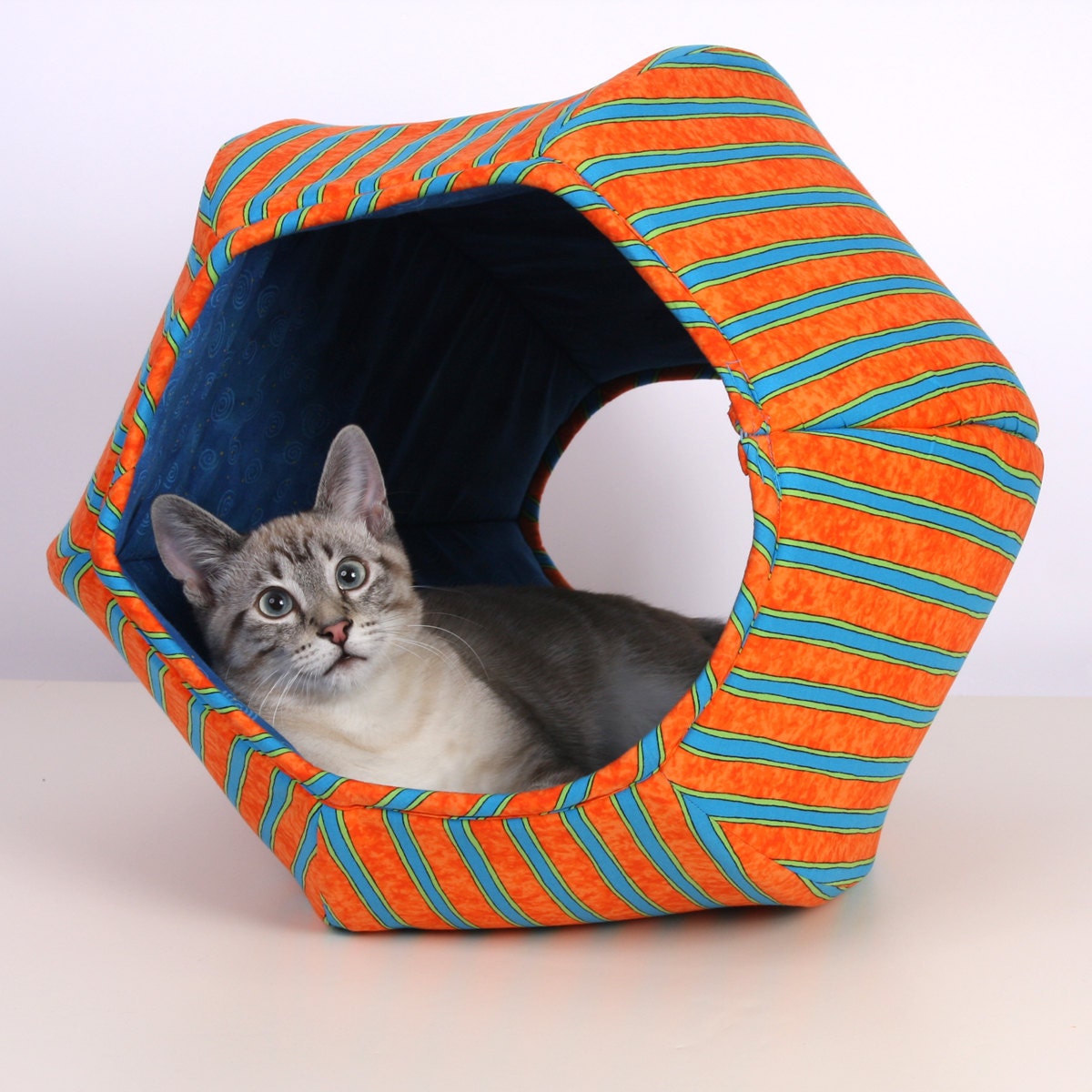 Cat Ball Modern Crazy Kitty Cave Bed in Turquoise and Orange Stripes