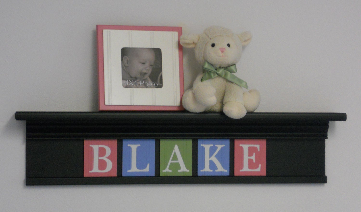 Pink, Green and Blue Baby Girl Nursery Wall Decor  - Custom Name Sign - BLAKE on 30" Black Shelf - 5 Letter Wooden