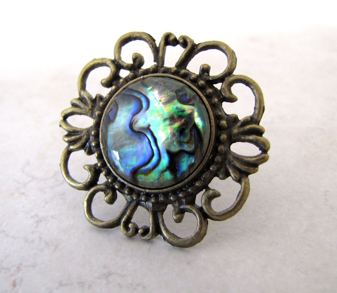 Paua Abalone Ring Green Blue Shell Adjustable Statement Ring Filligree Ocean Sea Shell Bellina Creations BellinaCreations