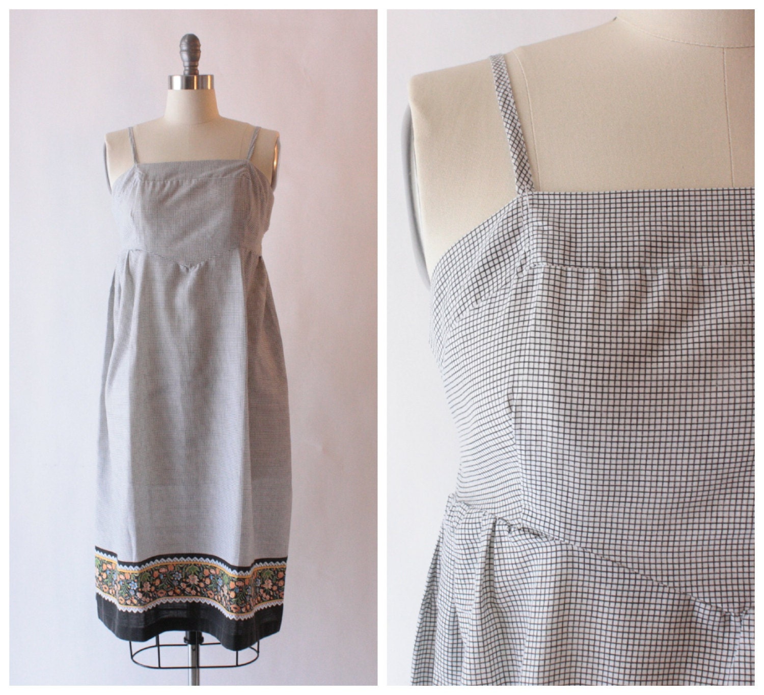 1970's blue and white checked cotton day dress with floral design