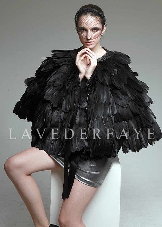 Couture Black Goose Feather Cape Wrap - Laveder Faye