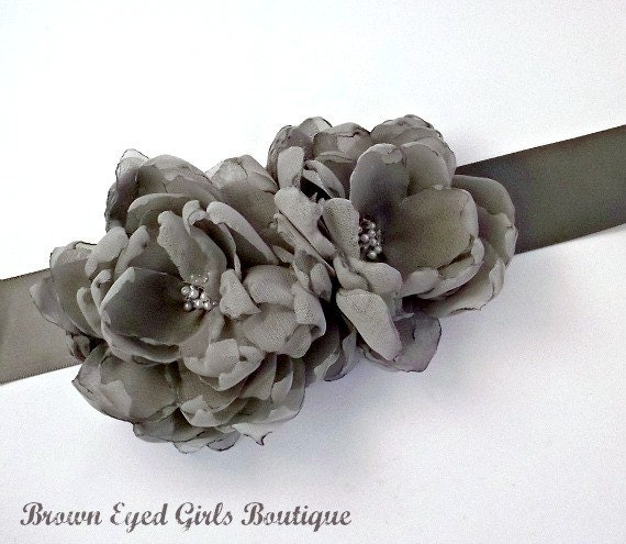 Gray Bridal Sash, Bridal Sash, Wedding Belt, Bridal Belt -Gray Chiffon Bridal Sash Flowers