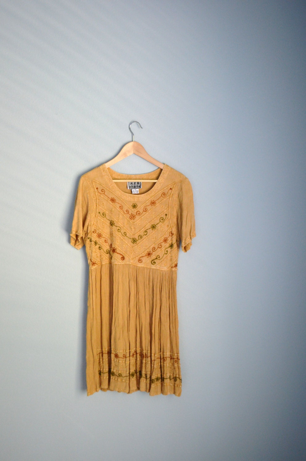 Vintage 80s Festival Knee length India Made Saffron Tan Yellow Embroidered Dress // medium