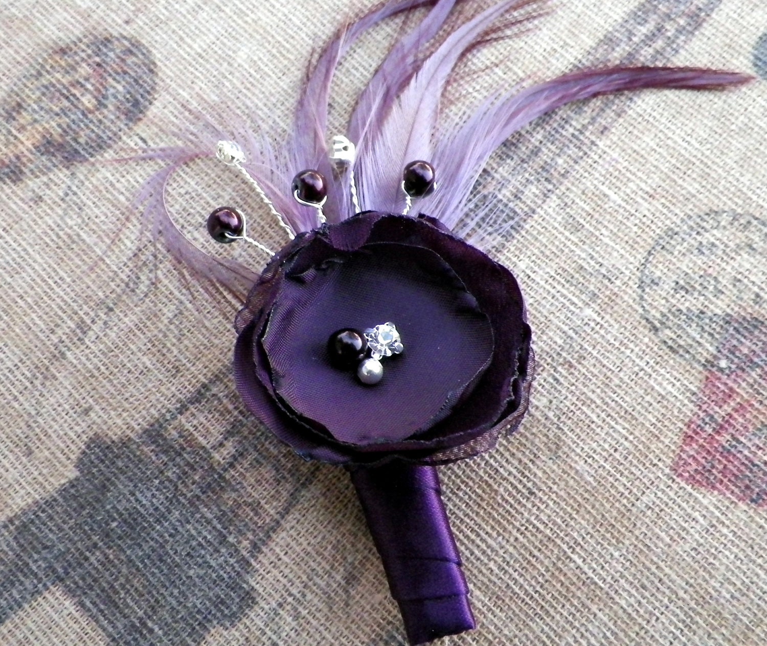 Daria Boutonniere ...  Eggplant Wedding Day Bridal Party Boutonniere Rhinestone and Pearls...Boutineer