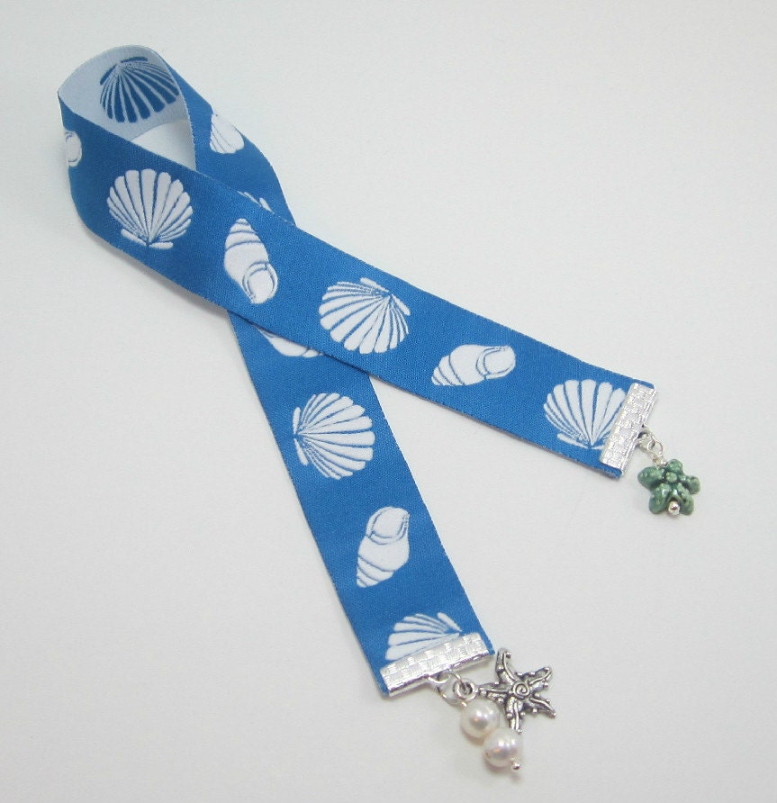 Shell and Starfish Ribbon Bookmark With Fresh Water Pearls