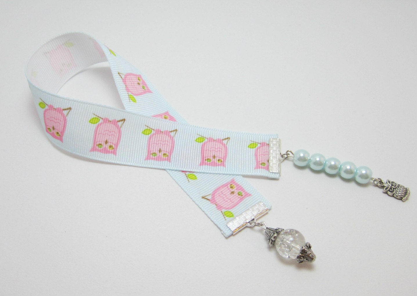 Pink Owl and Baby Blue Ribbon Bookmark