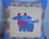 Handmade lovely COW Quilted Patchwork Decorative Pillow Cover Blue Color