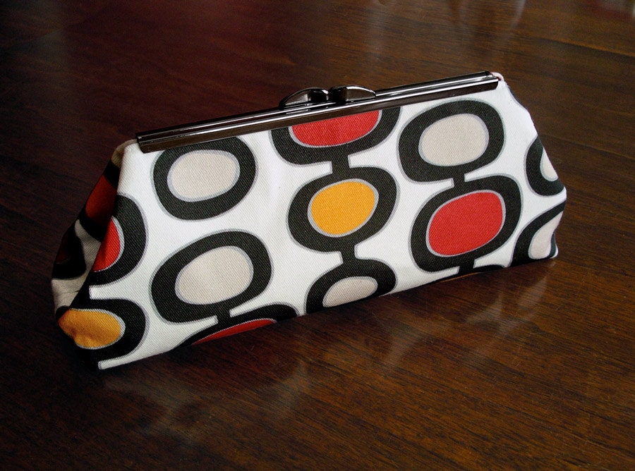 Clutch Purse Red Mid Century Modern Fabric Nickel Silver Clasp Red Taffeta Lining with Card Pocket Evening Bag or Daytime Bag