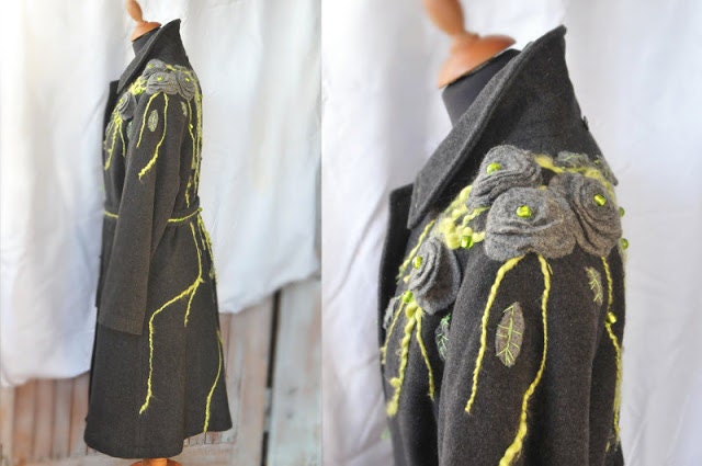 Green Floral Patterns Gray Wool Cashmere Unique Upcycled Coat US 14 EUR 40-42 FREE Shipping