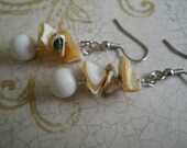 White Jade Rustic Earrings Silver Tan Mother of Pearl Shell Chip Beaded Jewelry