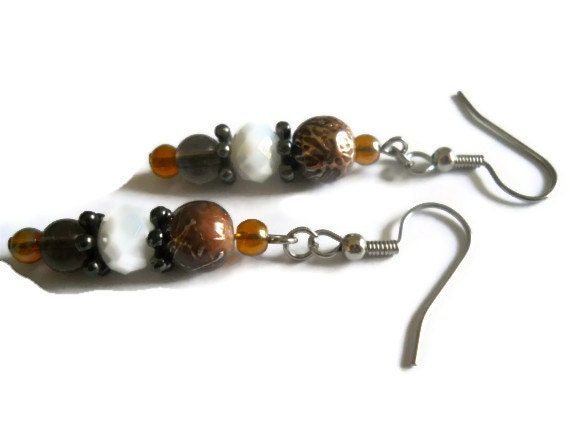 Rustic Brown Glass Earrings, Bohemian Earrings, Gunmetal Gray Earrings, White Czech Glass Beaded Earrings