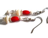 Bohemian Earrings, White Shell Earrings, Scarlet Red Czech Glass Earrings, Red Beaded Earrings, Silver Modern Beaded Jewelry