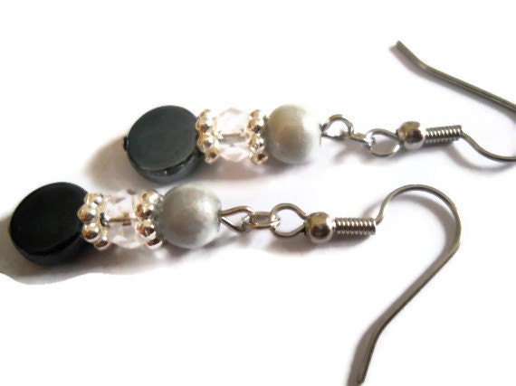 Dark Gray Earrings, Vintage Gray Earrings, Modern Black Earrings, Gray Earrings, Crystal Earrings, White Silver Grey Czech Glass Jewelry