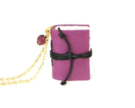 Leather miniature book necklace, mini journal jewelry, book lover literature gift, small tiny pendant, blank pages - purple violet aubergine - BrotherWorks