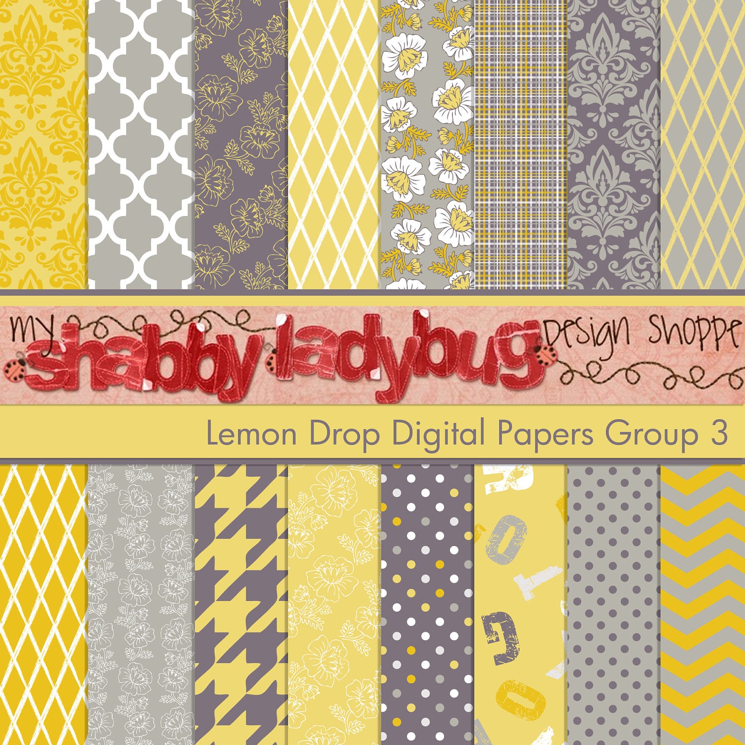 Lemon Drop Digital Paper Collection Group 3: 16 Individual 12x12" 300 dpi digital scrapbook papers greys, yellows, white, citrine