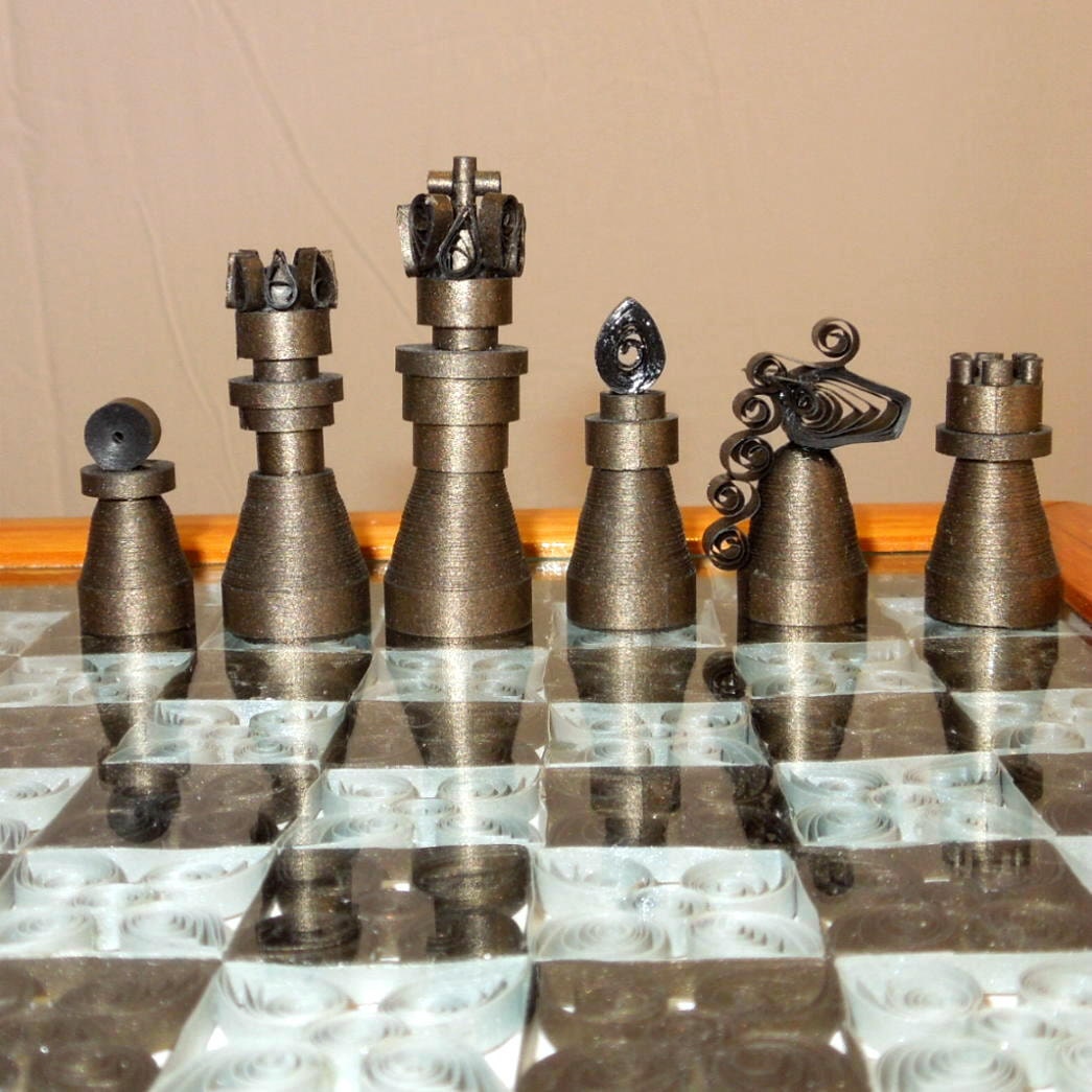 Quilled paper chess set with board - silver and dark bronze handmade