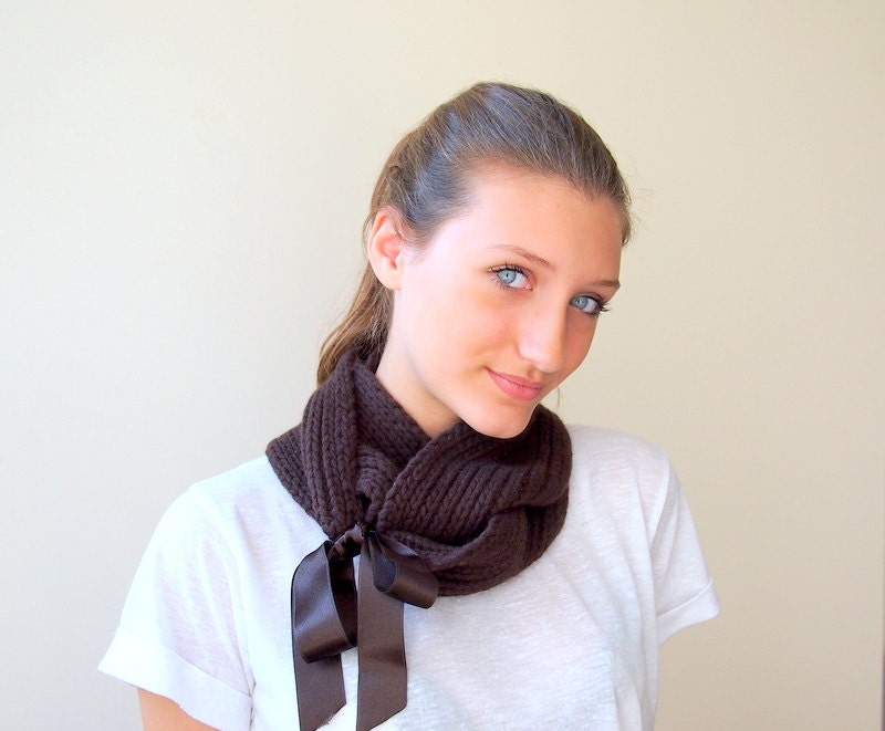 Infinity loop wrap scarf - brown chocolate earth tones knit r satin ribbon - Accessorise