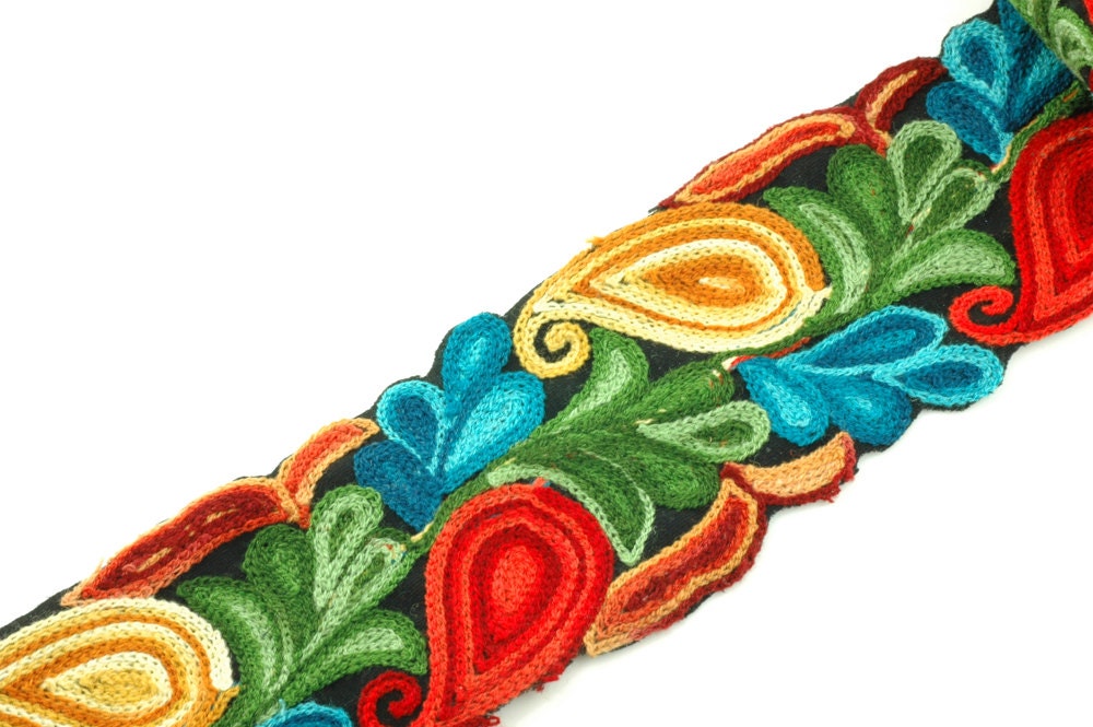 Reserved for Kate: Paisleys and Plumes in Rich Autumnal Colors, Wool Crewel Trim, Ribbon, Sari Border- 1 Yard