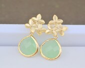 Mint Teardrop and Gold Cherry Blossom Flower Post Earrings. Mint Bridesmaid Earrings. Drop Earrings. Gold Fashion Earrings. Free Shipping.