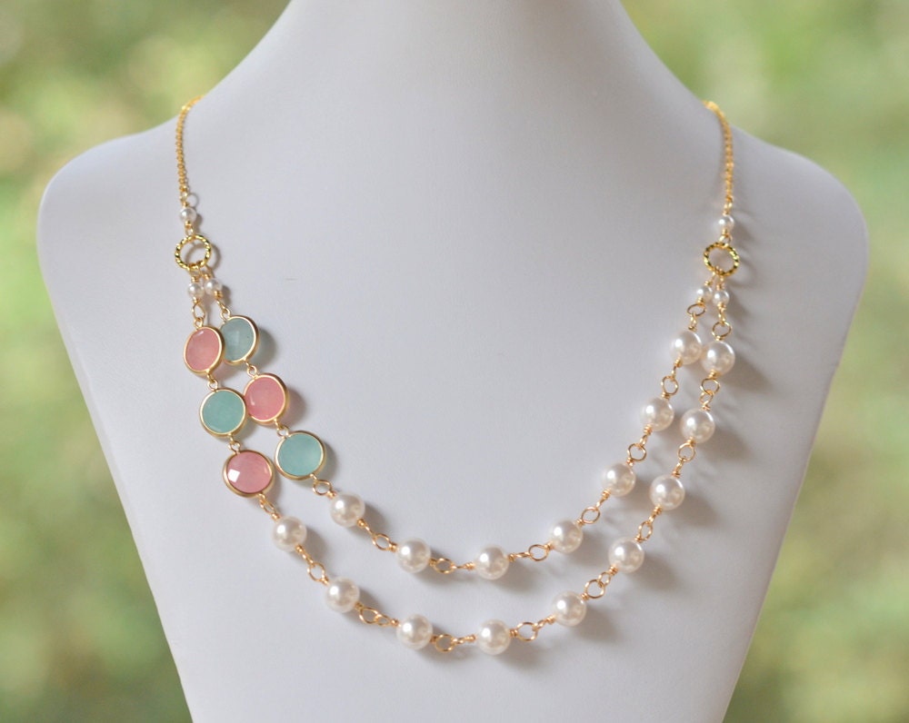 Double Strand Statement Necklace with Coral Pink and Mint Ice Jewels and Swarovski Pearls. Bridal Strand Neklace. Statement Jewelry.