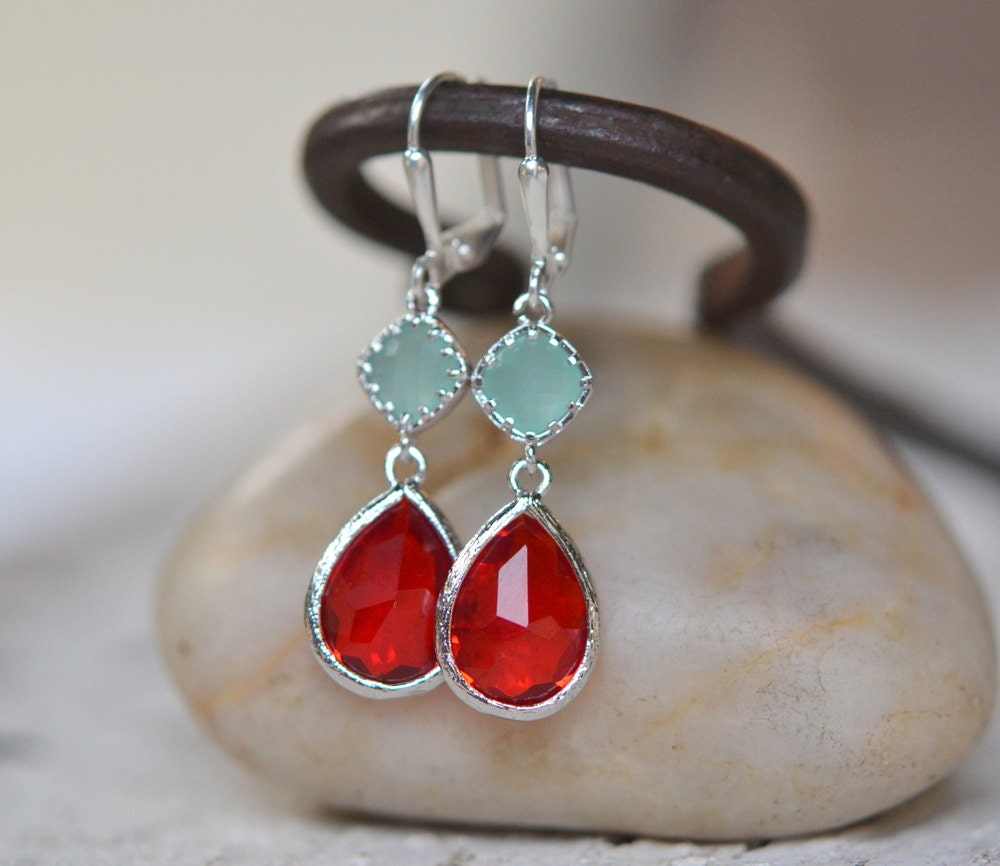 Red Teardrop and Aqua Diamond Dangle Earrings in Silver. Fashion Earrings. Red Aqua Earrings. Free Shipping.