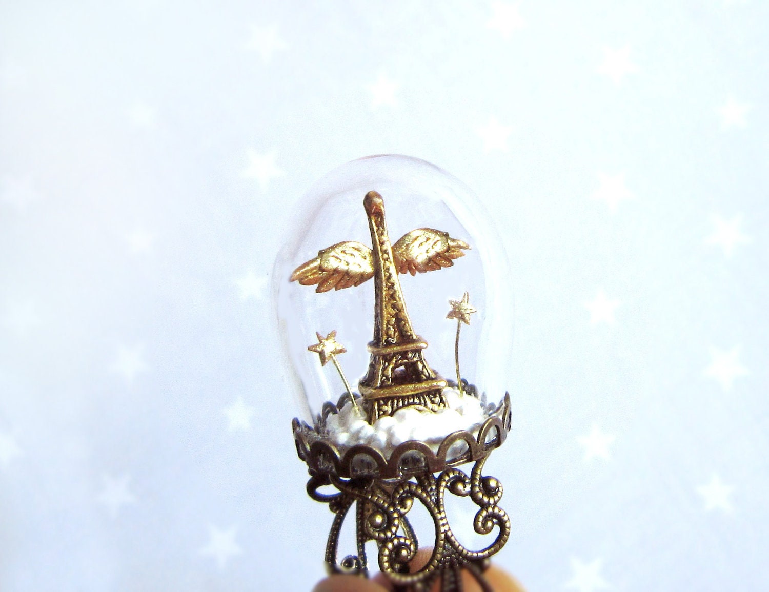 Glass globe ring Gold Eiffel Tower and wings-Paris Angel-Terrarium ring