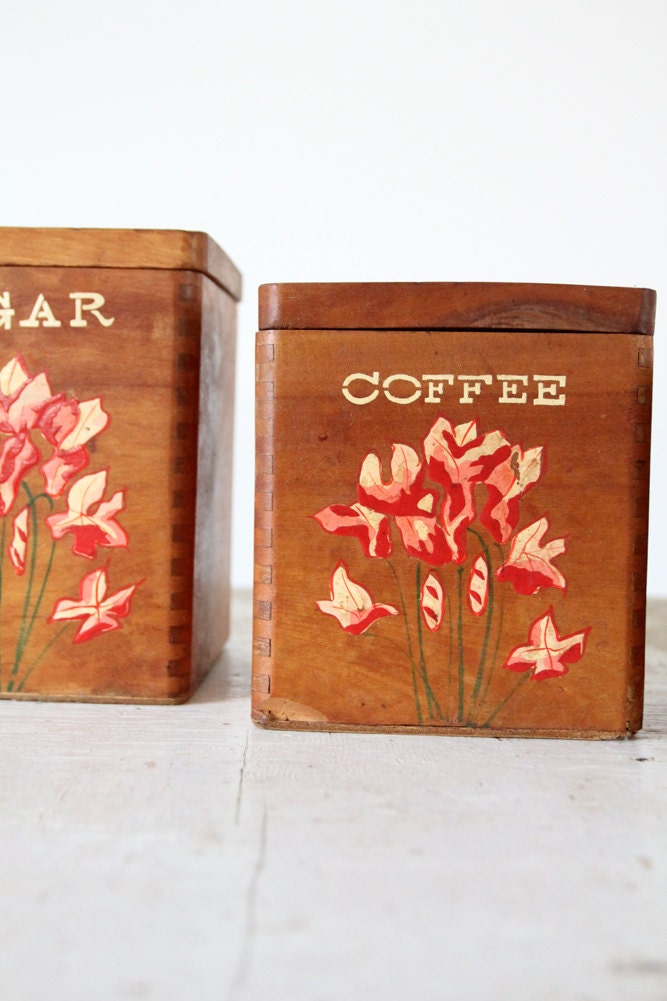 1950s Kitchen Canisters // Vintage Wood Dovetail Containers