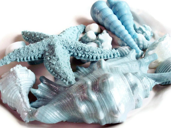 SOAP, Teal and White Opalescence Beach Shells Gift Set Scented in Coconut, Vegetable Based