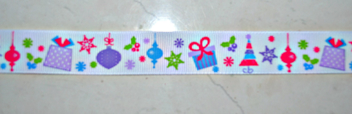 Modern Christmas trees and ornaments on white 7/8" grosgrain ribbon Christmas Il_170x135