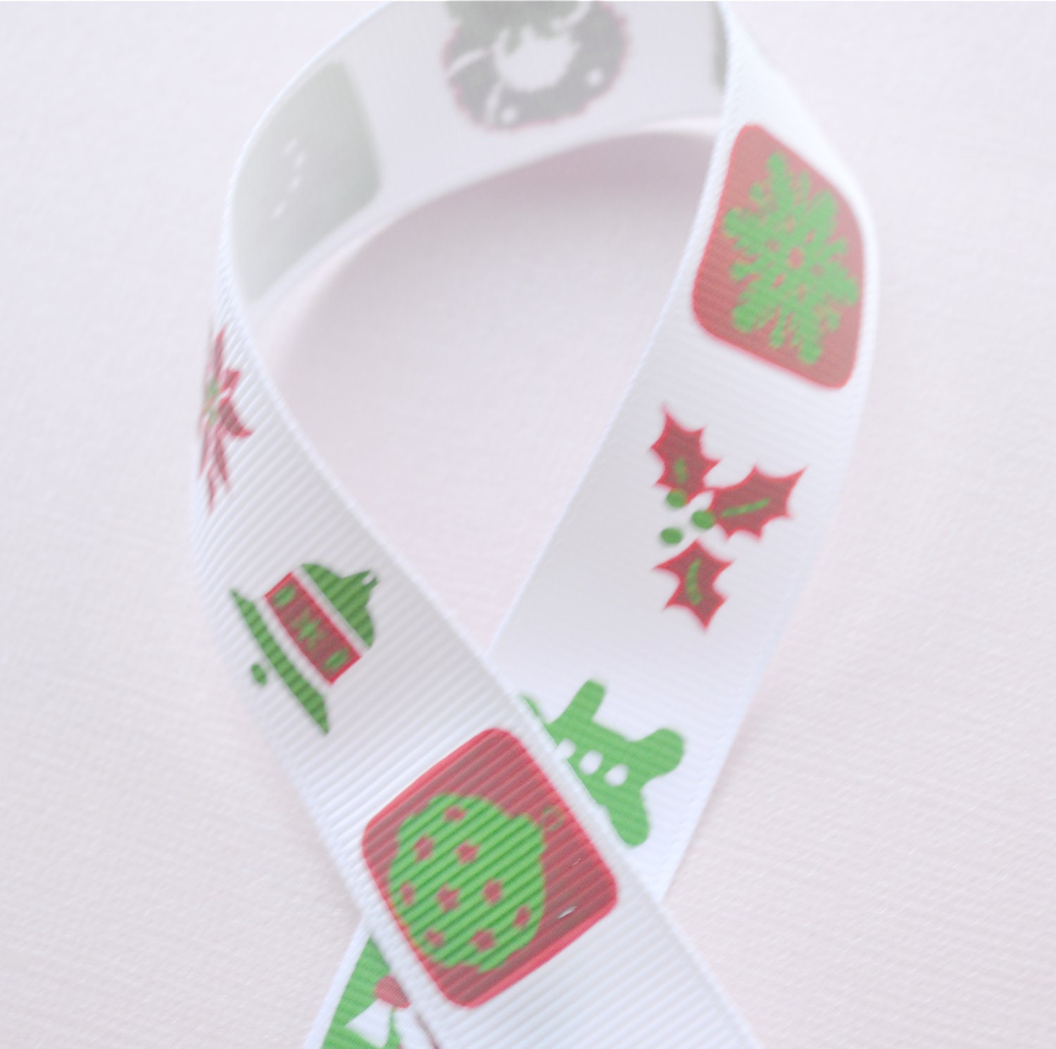 Bells and Holly on white 7/8" grosgrain ribbon Christmas Il_570xn