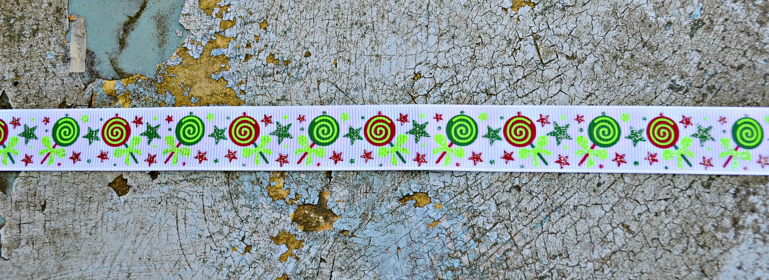 Sparkly Christmas Lollipops printed on white 7/8" grosgrain ribbon Il_570xn