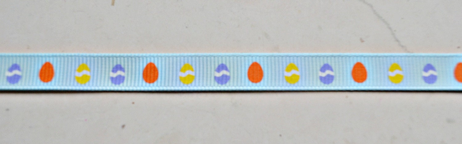Orange, yellow & blue Easter Eggs on blue 3/8" grosgrain ribbon- Il_570xn