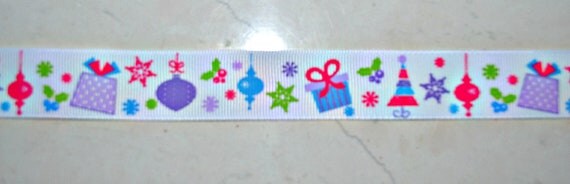 Modern Christmas trees and ornaments on white 7/8" grosgrain ribbon Christmas Il_570xn