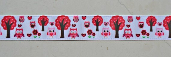 Owls, hearts & trees on white 7/8" grosgrain ribbon Valentines Il_570xn