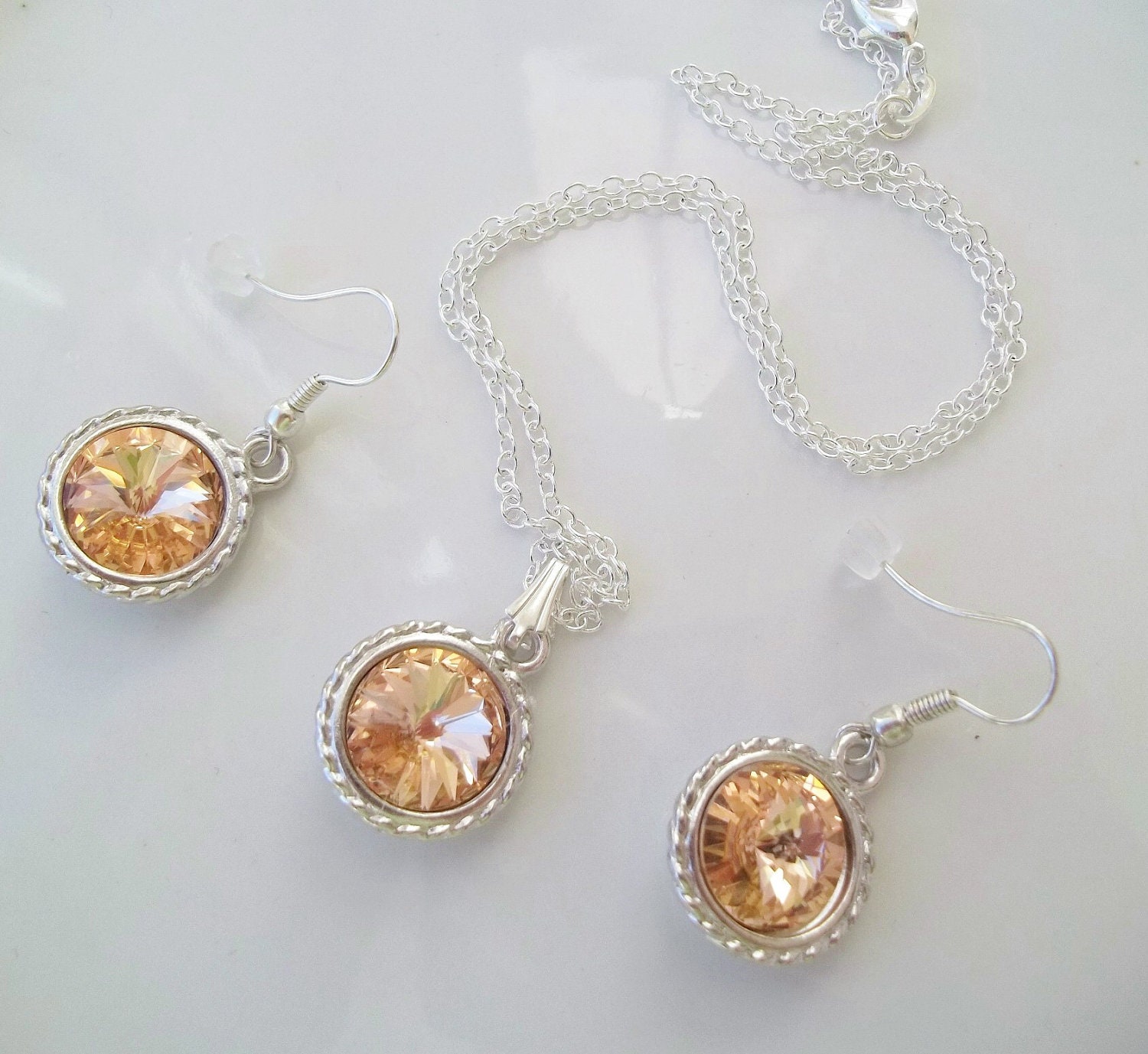 Bridesmaid Jewelry Set, Peach Crystal Necklace & Earrings Set, Swarovski Peach Rivoli Crystals,Bridesmaid Necklace And Earrings Jewelry Set