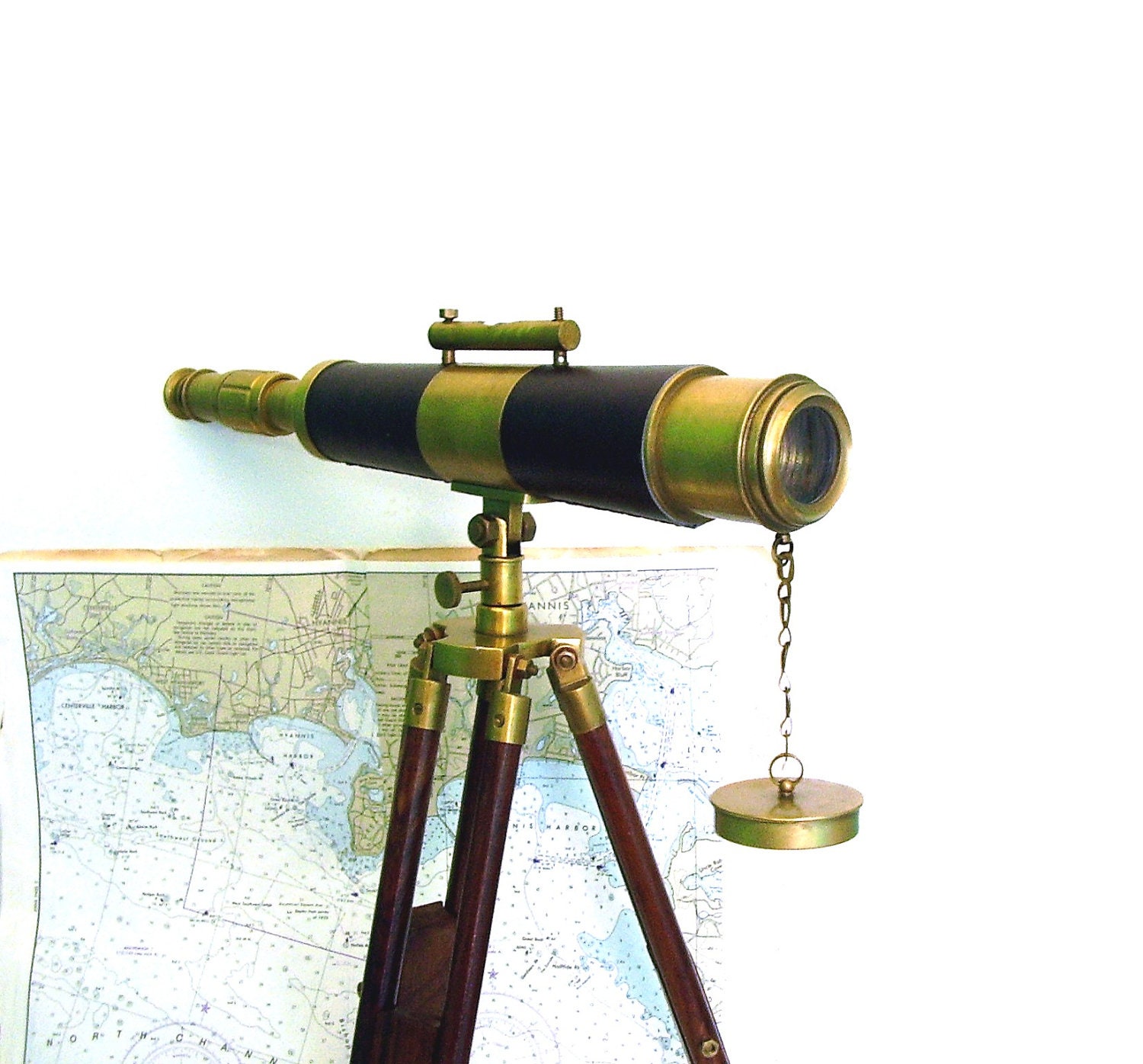 Vintage Telescope with Tripod Nautical Telescopes Brass Spyglass Wood Leather - OceansideCastle