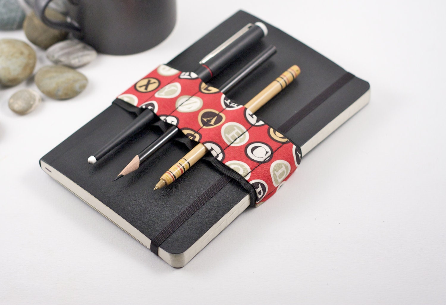 Journal Bandolier / pencil roll for around your book / Red Type