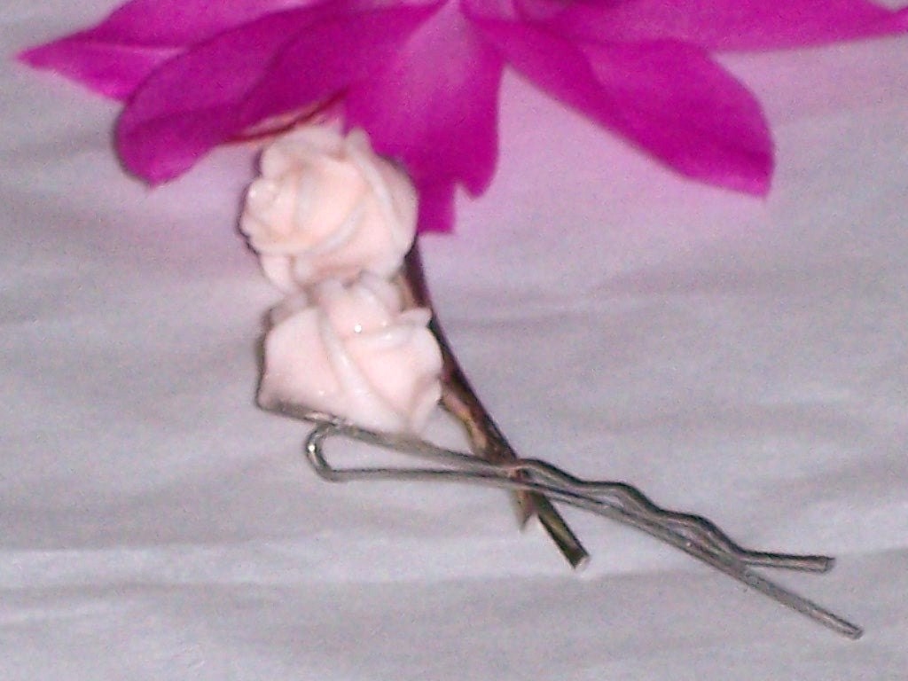 2 Resin Pink Roses on Silver tone Bobby Pins