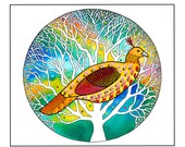 10" x 8" Art Print Bird Painting Illustration Watercolour Golden Bird Tree Yellow Golden Pink Green Blue Folk Art Home Decor Multicolored