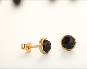 Onyx stud earrings, gold studs, rose cut onyx, black onyx earrings, post earrings, gold topping