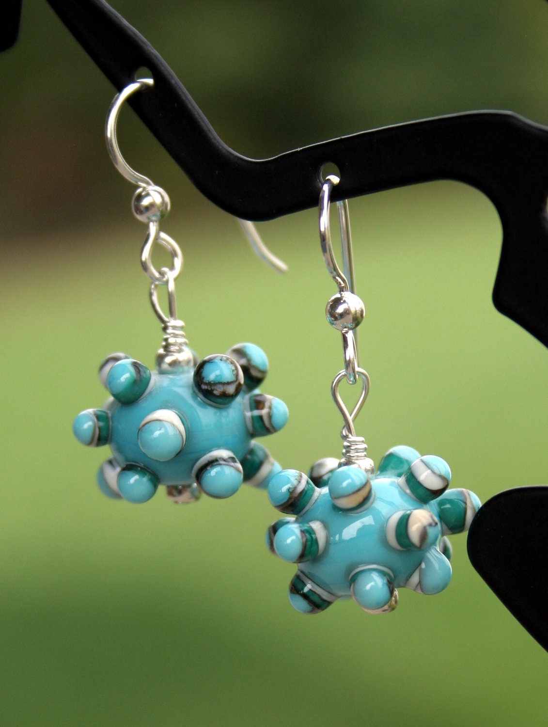 Funky Turquoise, with Ivory, Teal, & Turquoise Raised Dots Lampworking Sterling Silver Earrings