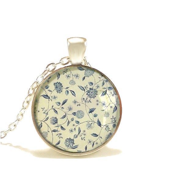 Romantic Blue Floral Necklace Glass Pendant  Blue Toile Necklace Shabby Chic  Antique Silver Necklace - MyDifferentStrokes