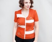 VIntage 1950s Sweater - Bloc Party - Orange and White Cotton Knit Floral Sweater Shirt