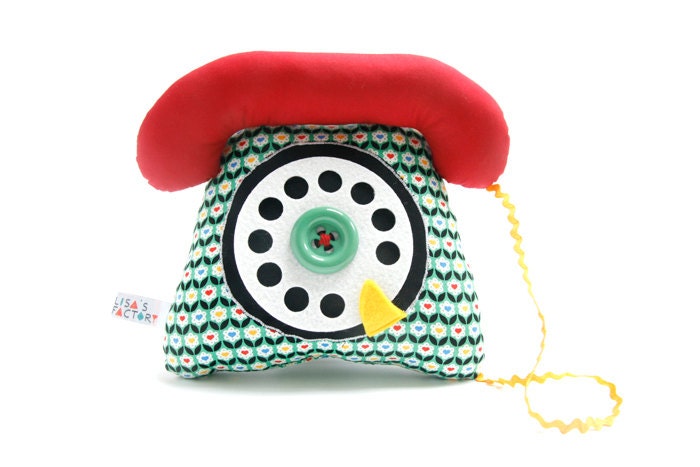 dial telephone play cushion velcro handset red green yellow black flower heart pattern - telephone cadran combiné rouge