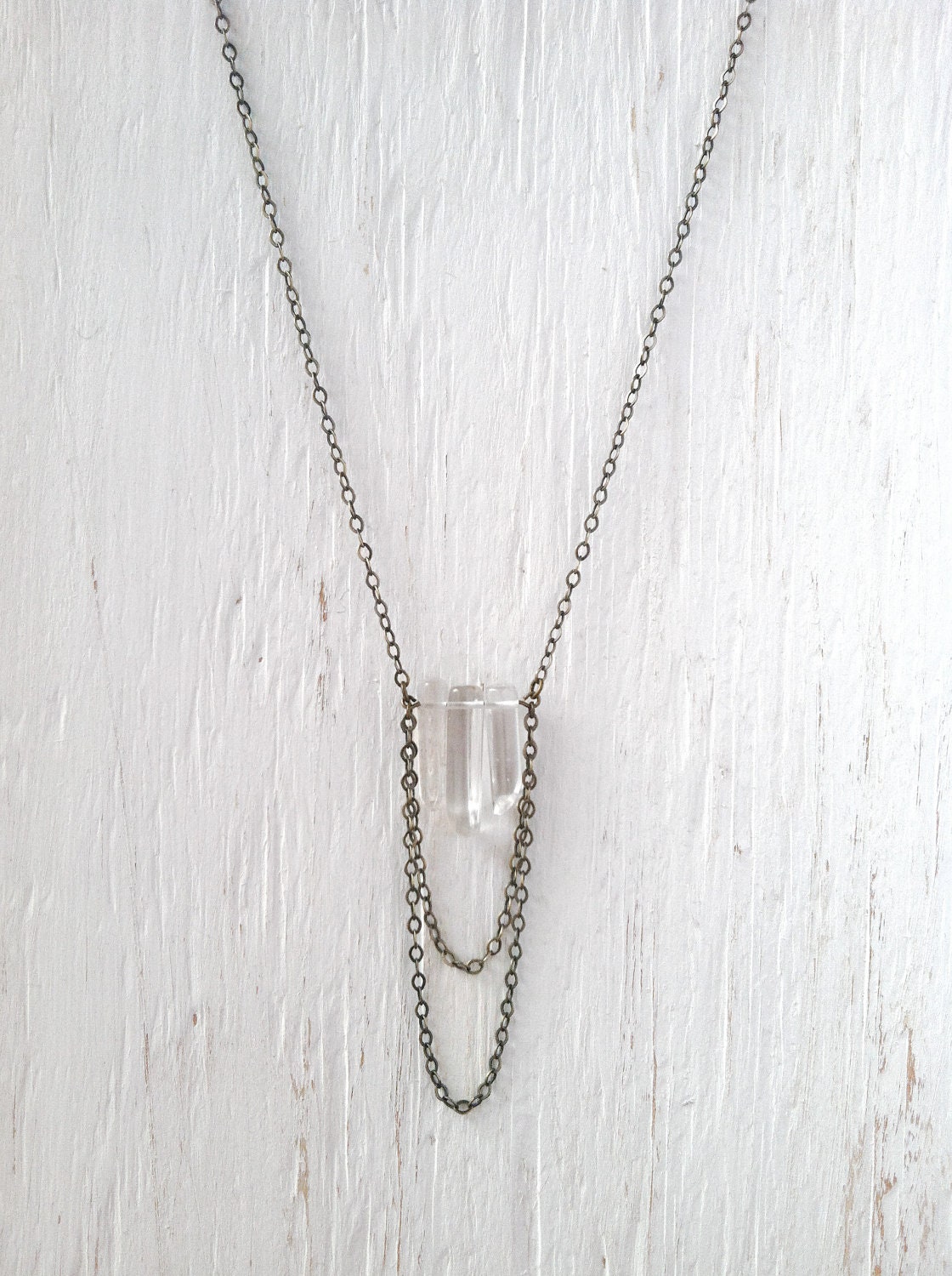 Triple Quartz Necklace - Natural quartz crystals with chain fringe detail