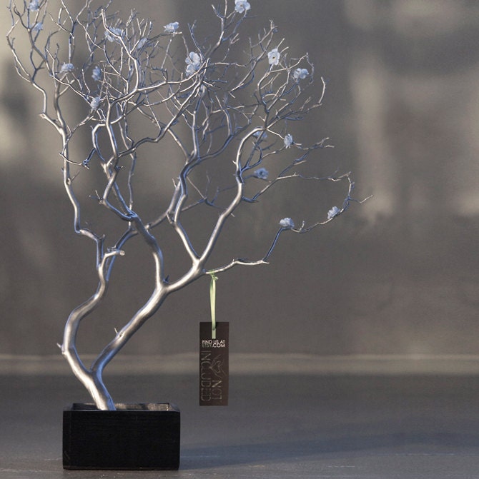 24" Silver Painted Jewelry Tree w/Blue flowers