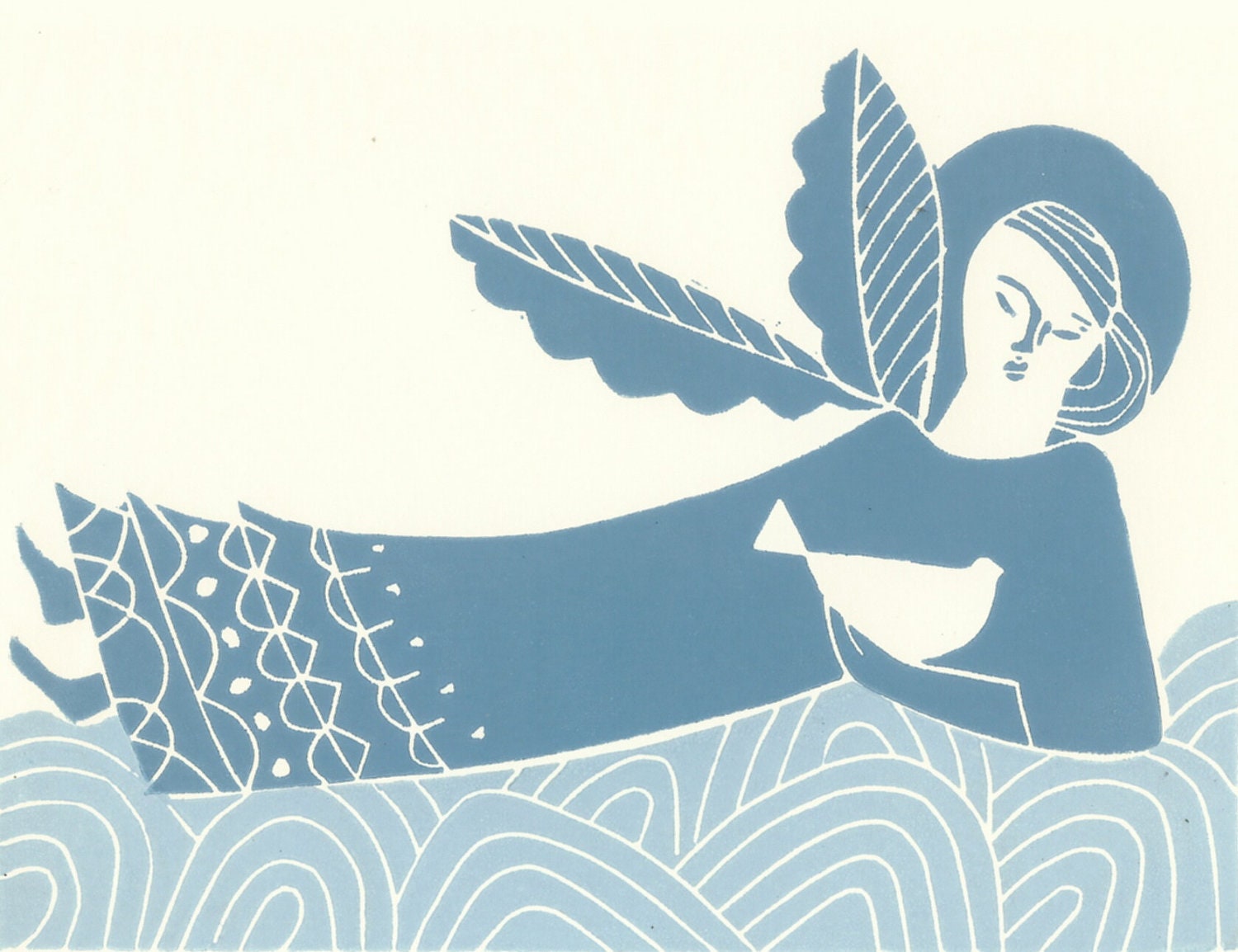 Guardian Angel Print - Linocut- Original Hand Pulled Block Print-  Modern  Angel and  Dove Art